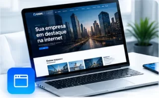 Site empresarial exibido em um notebook