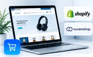 Loja virtual exibida em notebook com os logotipos Shopify e Nuvemshop