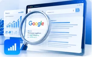 Busca no Google com lupa e gráficos de crescimento