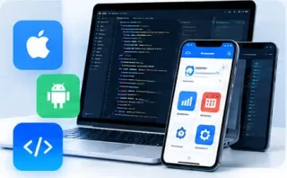 Código de um sistema web no notebook e aplicativos em celulares iOS e Android